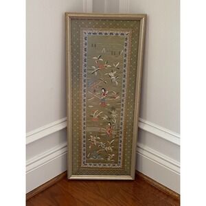 Antique Chinese Silk Embroidery Framed Garden Scene Landscape Wall Art Panel